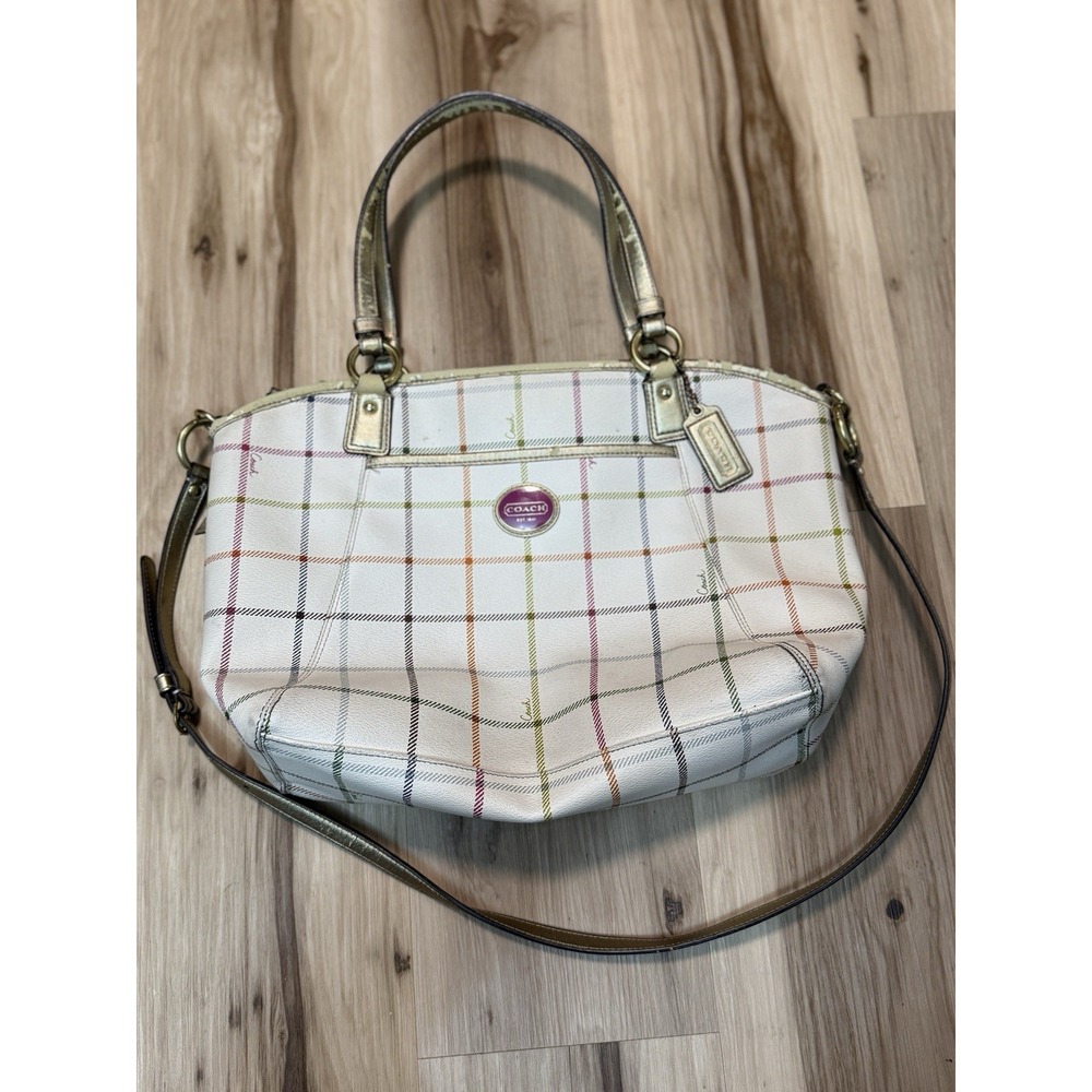 Coach Peyton Tattersall Tote Purse Handbag Ivory Plaid